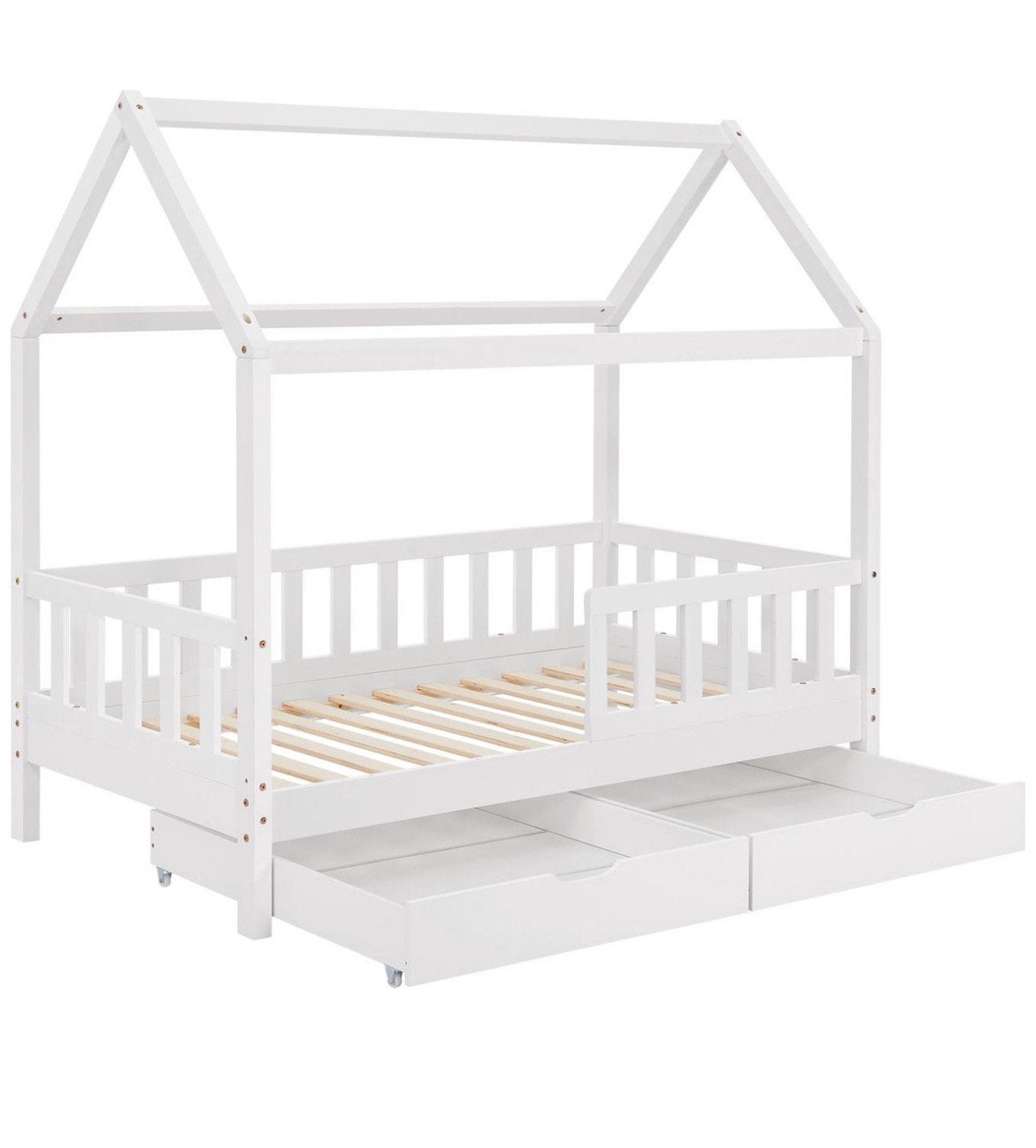 Wit huisjesbed kinderbed met 2 lades, Ophalen, 85 tot 100 cm, Zo goed als nieuw, Lattenbodem