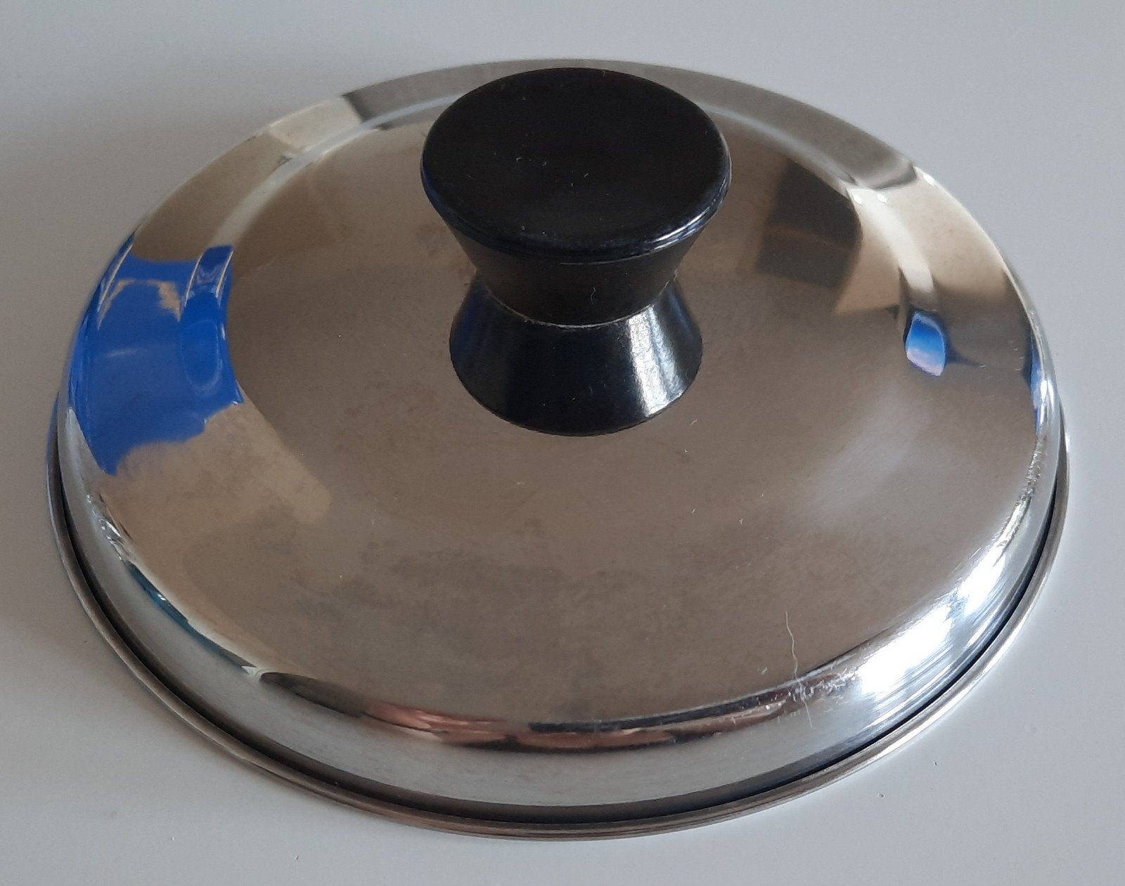 RVS pannendeksel 14,5 cm - Universeel met zwarte knop, Huis en Inrichting, Keuken | Potten en Pannen, Ophalen of Verzenden, Gebruikt