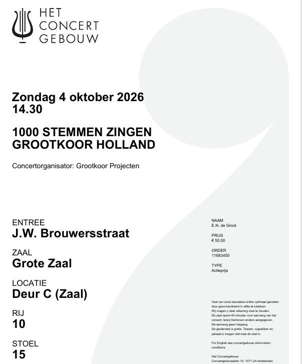 2 tickets Grootkoor Concertgebouw 4 okt., Drie personen of meer