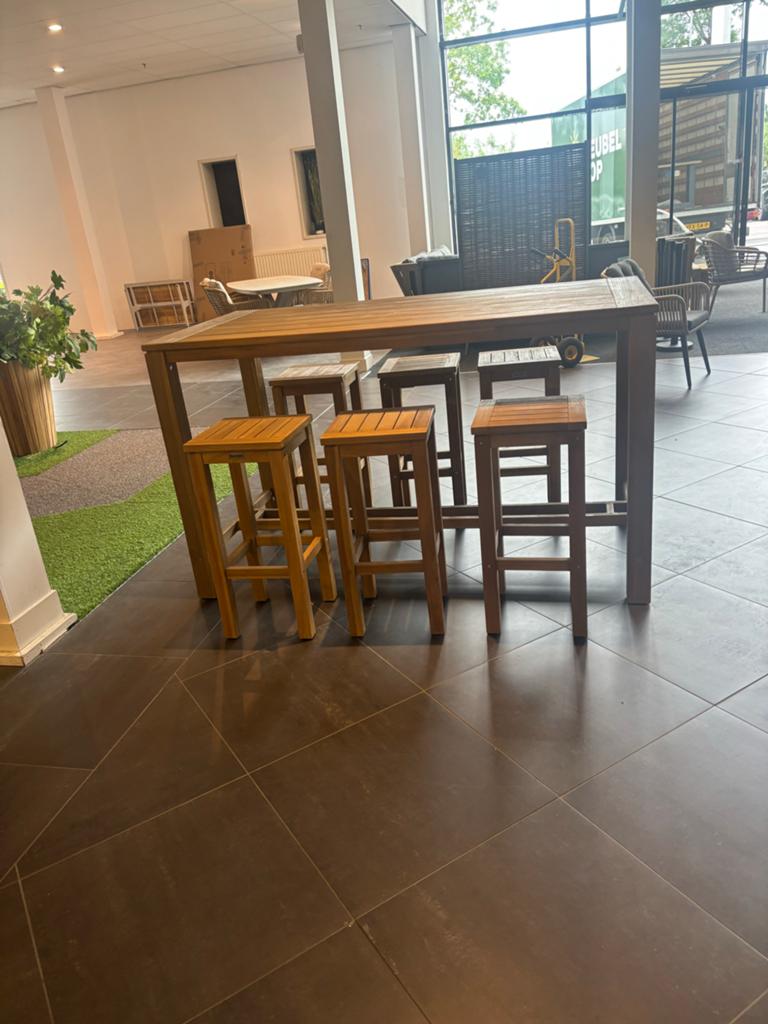 Teakhouten Barset met 4 Krukken, Huis en Inrichting, Barkrukken, Gebruikt, 90 cm of meer, Hout, 4 krukken, Ophalen of Verzenden