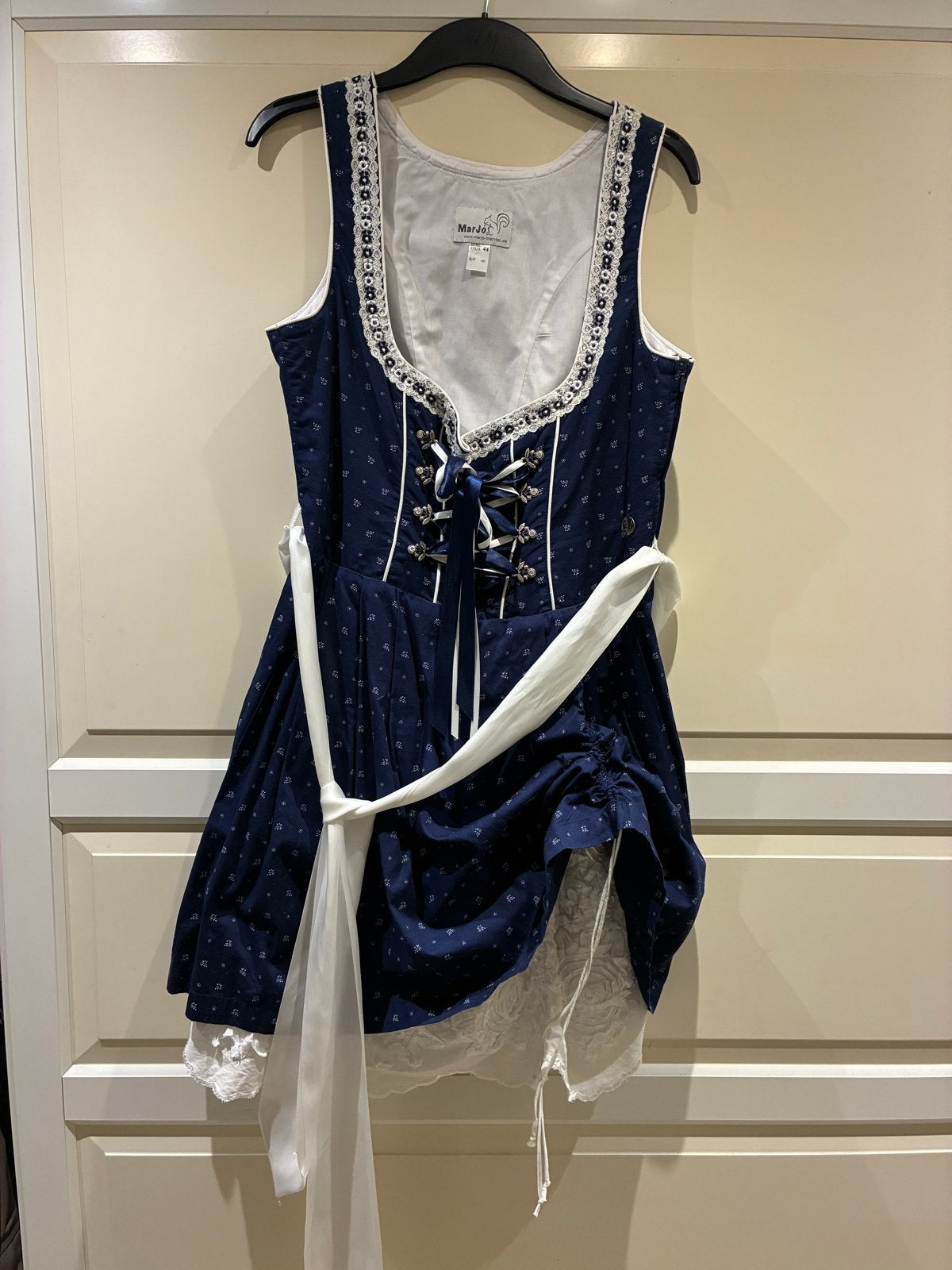 MarJo Dirndl Jurk Maat 44 - Blauw met Witte Details, Blauw, Maat 42/44 (L), Ophalen of Verzenden, Zo goed als nieuw