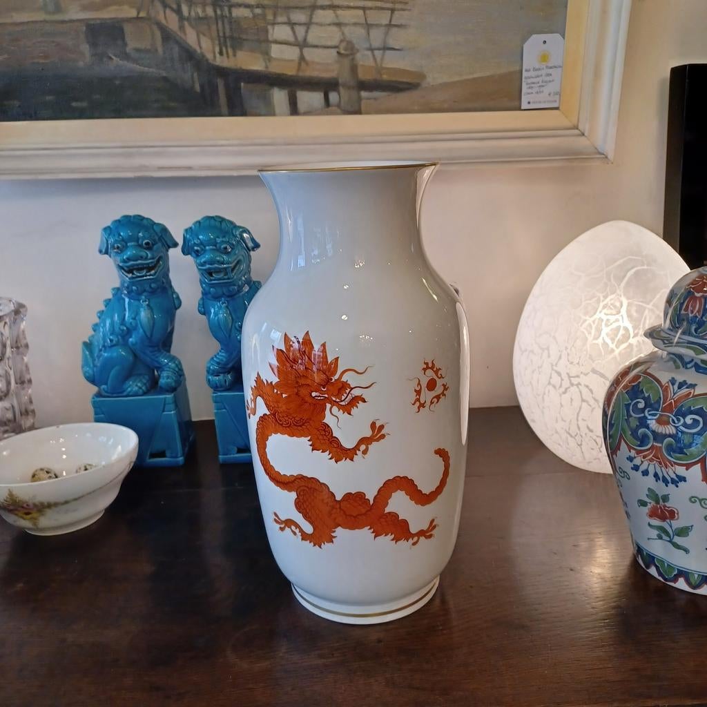 Meissen grote vaas Ming Draak in kleur rood, Ophalen of Verzenden