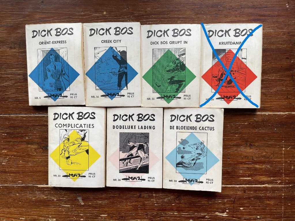 6 Dick Bos boekjes nr. 8, 16, 25, 33, 36 en 38 1963-1965, Gelezen, Alfred Mazure, Ophalen of Verzenden, Meerdere stripboeken
