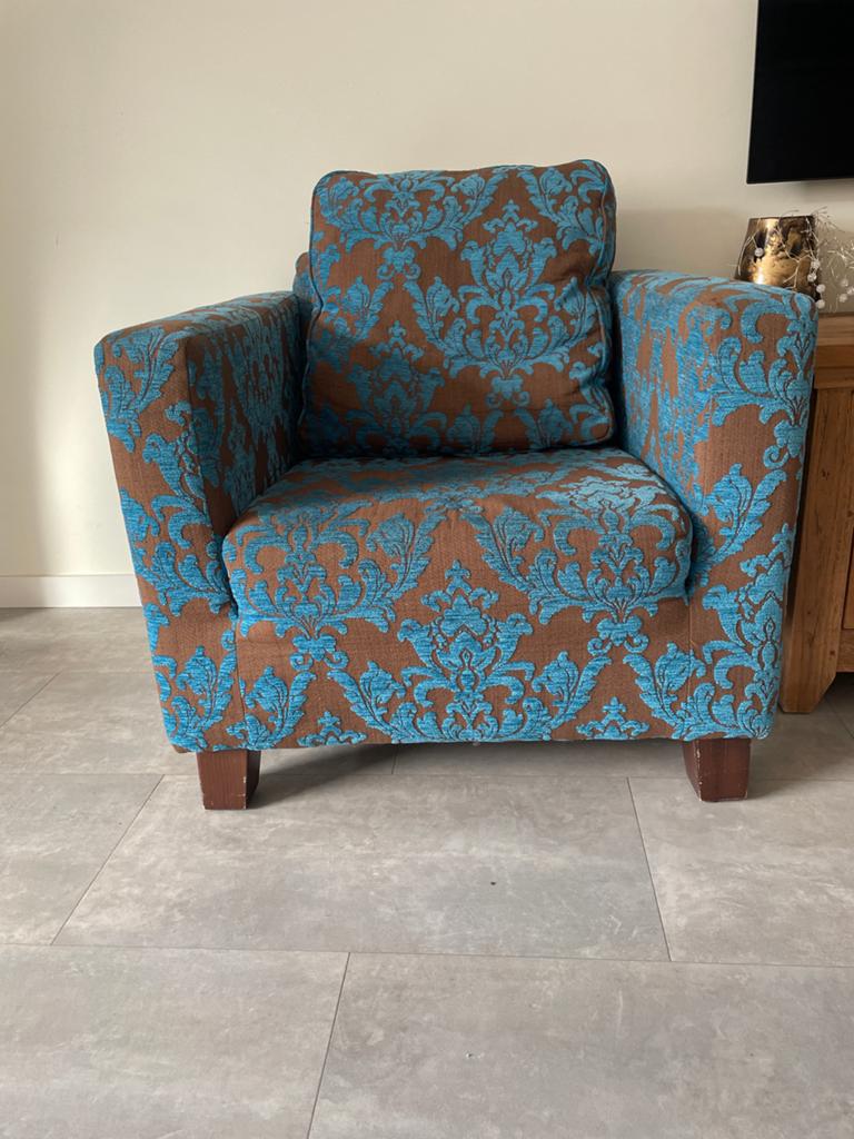 Comfortabele fauteuil met barokprint - Bruin/Turquoise, Huis en Inrichting, Ophalen of Verzenden, Gebruikt, Stof, 75 tot 100 cm