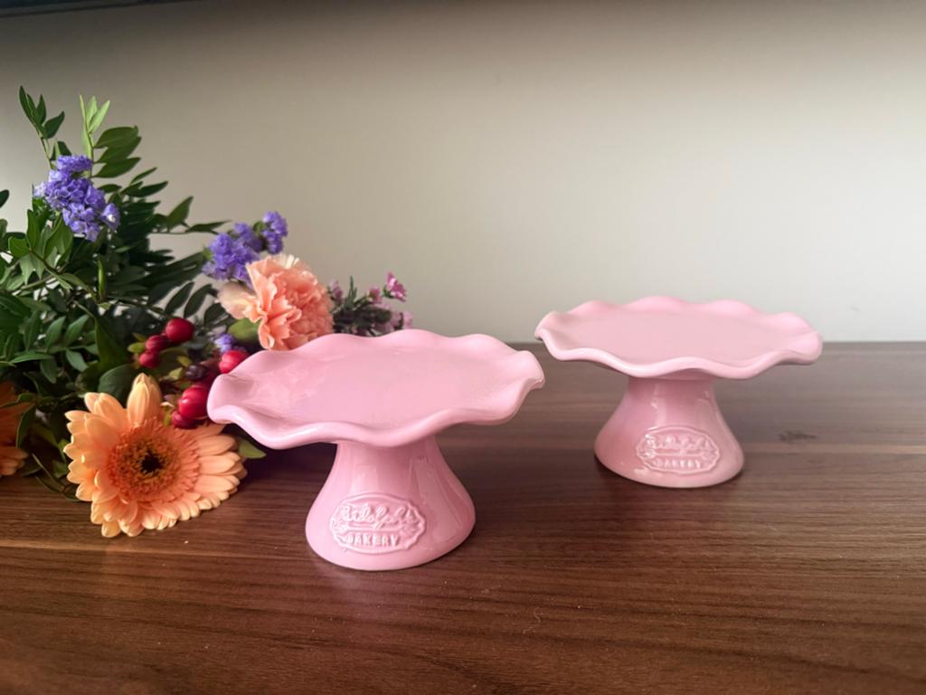 Roze gebakstandaards set van 10 - 'Rudolph's Bakery', Huis en Inrichting, Keuken | Servies, Ophalen, Zo goed als nieuw, Glas, Overige stijlen