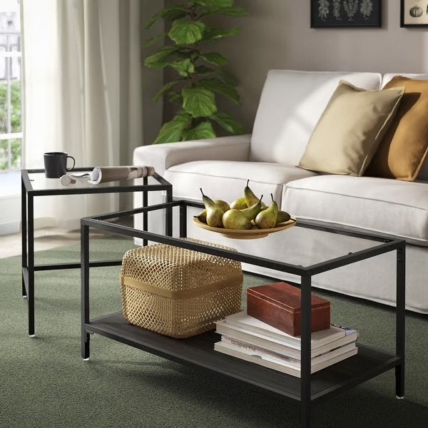 IKEA Gladom Salontafels Set van 2 - Zwart met Glas, Huis en Inrichting, Ophalen, 50 – 75, Gebruikt, 50 tot 100 cm
