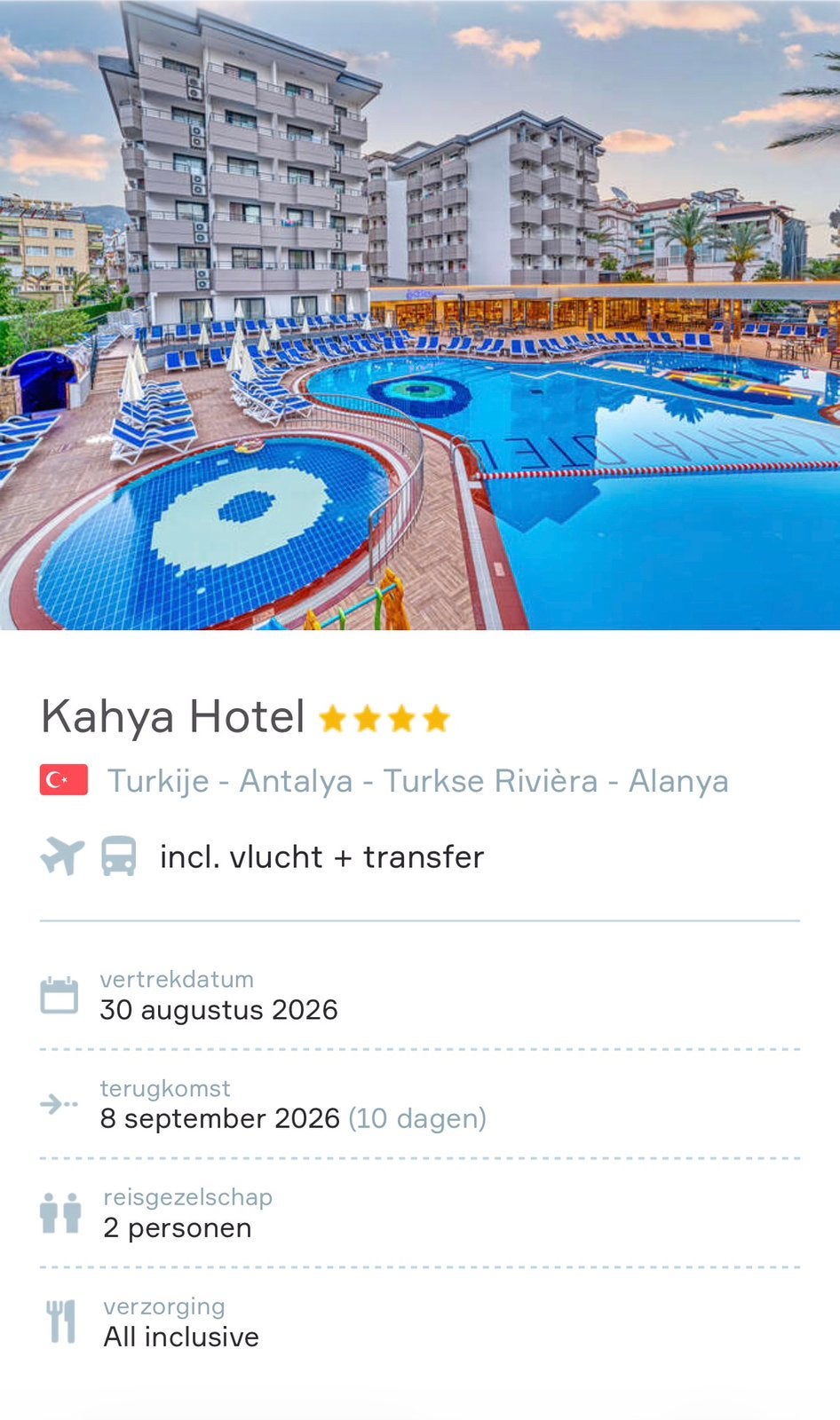Vakantie Overname 2 Pers All Inclusive Kahya Hotel 4 Sterren, Tickets en Kaartjes, Hotelbonnen, Twee personen, 1 overnachting