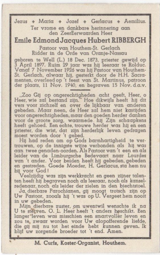 Rolduc pastoor Emile Ribbergh 1873 Well (L) + 1940 Houthem, Verzenden