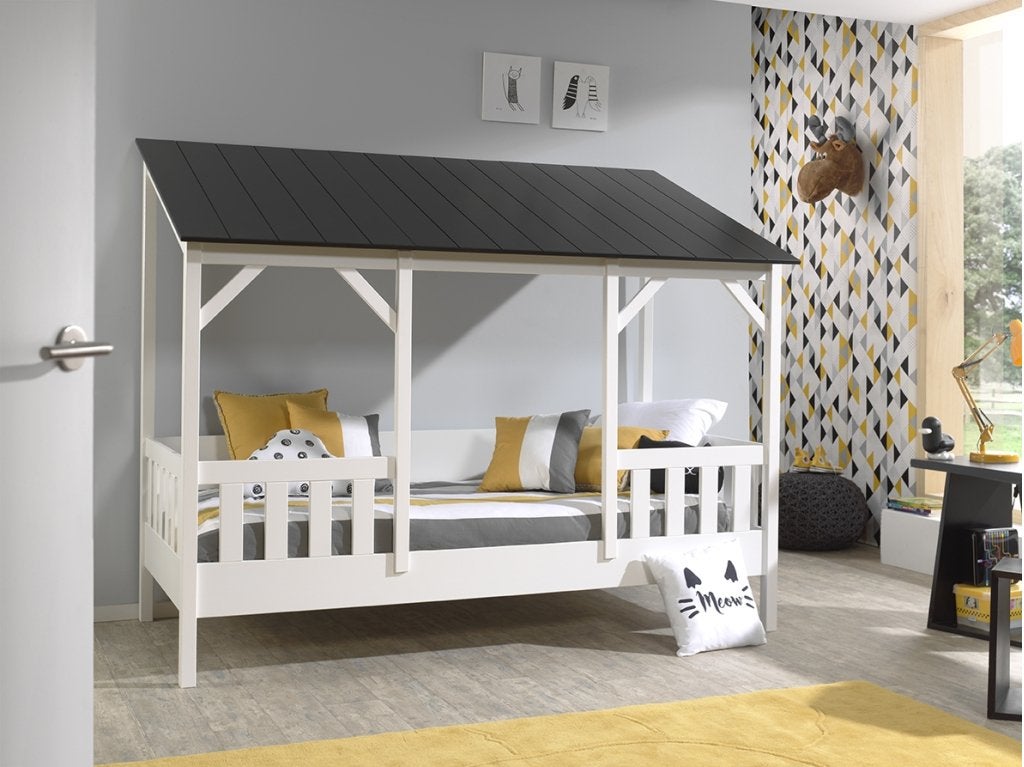 Huisbed met zwart dak - 90x200 - Wit, Kinderen en Baby's, Kinderkamer | Bedden, Niet ingevuld, Niet ingevuld, Niet ingevuld
