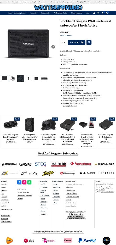 Rockford Fosgate PS-8 underseat subwoofer 8 inch Active, Audio Design, Nieuw, Am Breilingsweg 3, 76709 Kronau, Duitsland, Ophalen of Verzenden