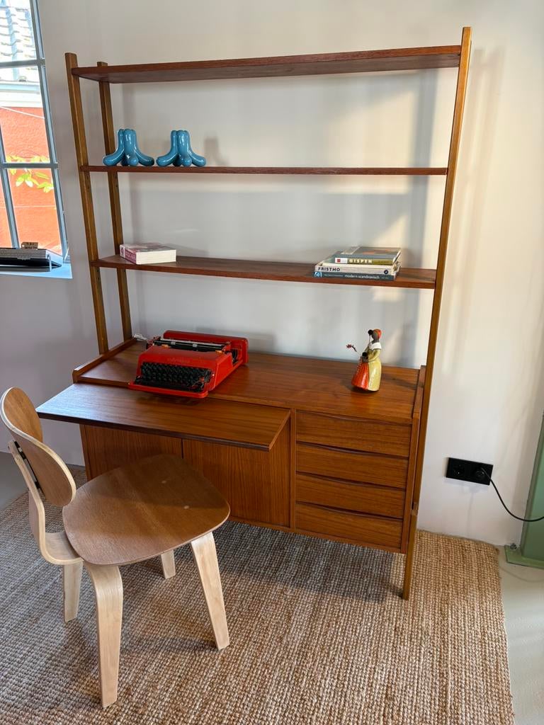 Deense vintage boekenkast wandkast teak met lades en bureau, Huis en Inrichting, Ophalen, Met deur(en), Teakhout, Zo goed als nieuw