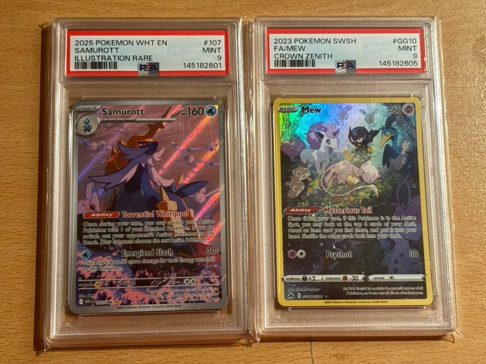 PSA 9 Pokémon Slabs | Mew GG10 & Samurott IR, Ophalen of Verzenden, Zo goed als nieuw, Meerdere kaarten, Foil