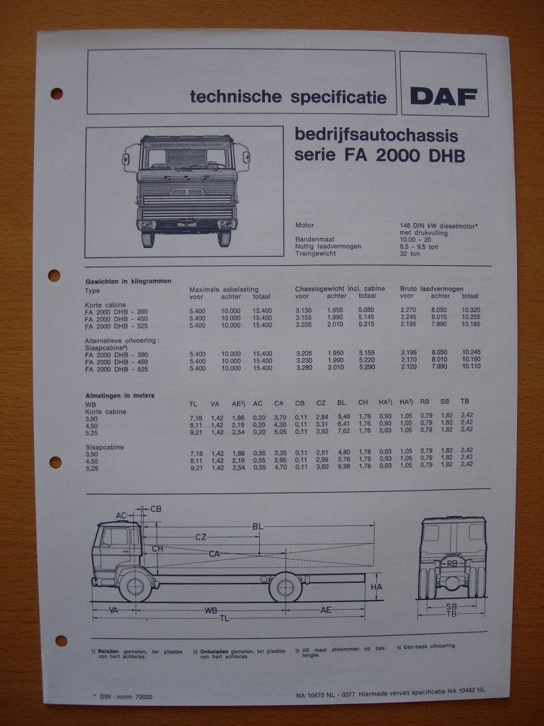 DAF FA 2000 DHB Technische Specificatie folder 1977 – 4x2, Ophalen of Verzenden, Zo goed als nieuw, Overige merken, DAF