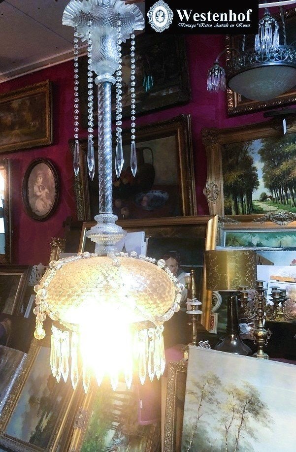 Franse hanglamp art deco glas met kristallen pegels, Ophalen, Gebruikt, Glas