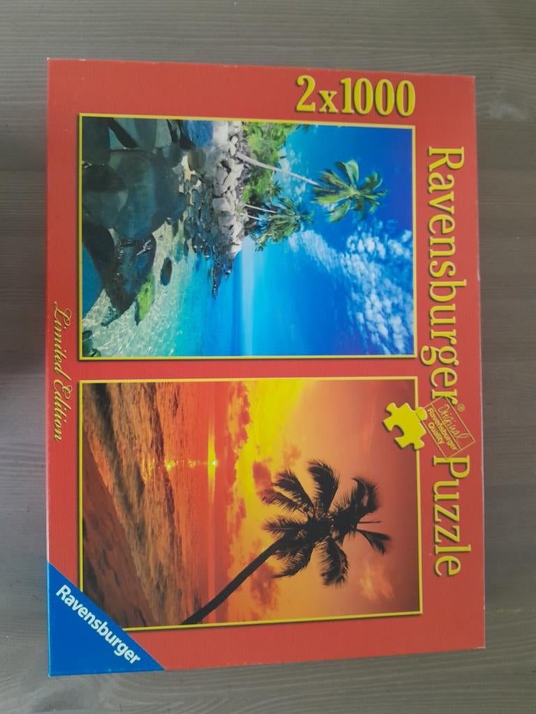 Ravensburger Puzzel 2x1000 stukjes - Tropische Zonsondergang, Ophalen of Verzenden, 500 t/m 1500 stukjes, Zo goed als nieuw, Legpuzzel