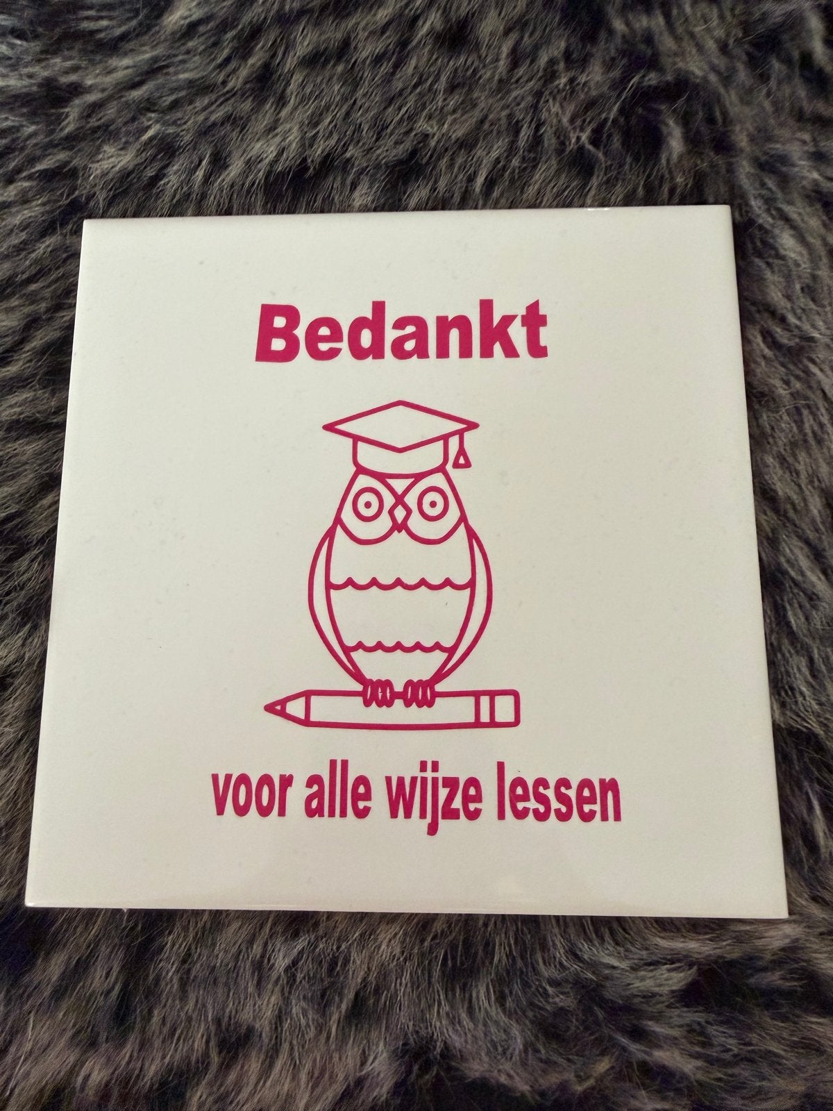 Tegel 'Bedankt voor alle wijze lessen' - Uil, Ophalen of Verzenden, Zo goed als nieuw, Wit, Steen/keramiek