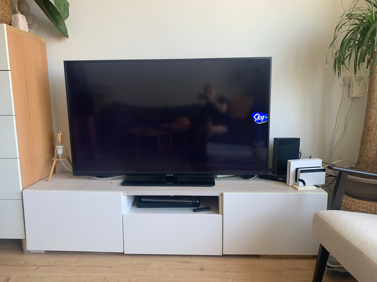Tv meubel mat wit met houten white wash plank, Ophalen, Gebruikt, 150 tot 200 cm, Minder dan 100 cm