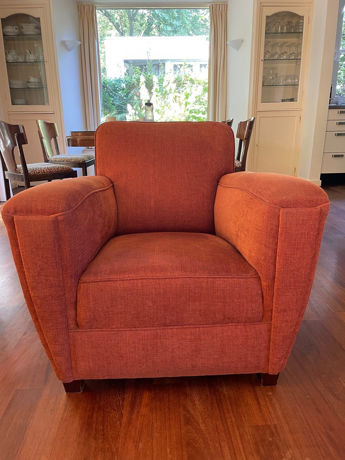 2x Comfortabele fauteuils, bruin/oranje stof, Ophalen, Gebruikt, Stof, 75 tot 100 cm