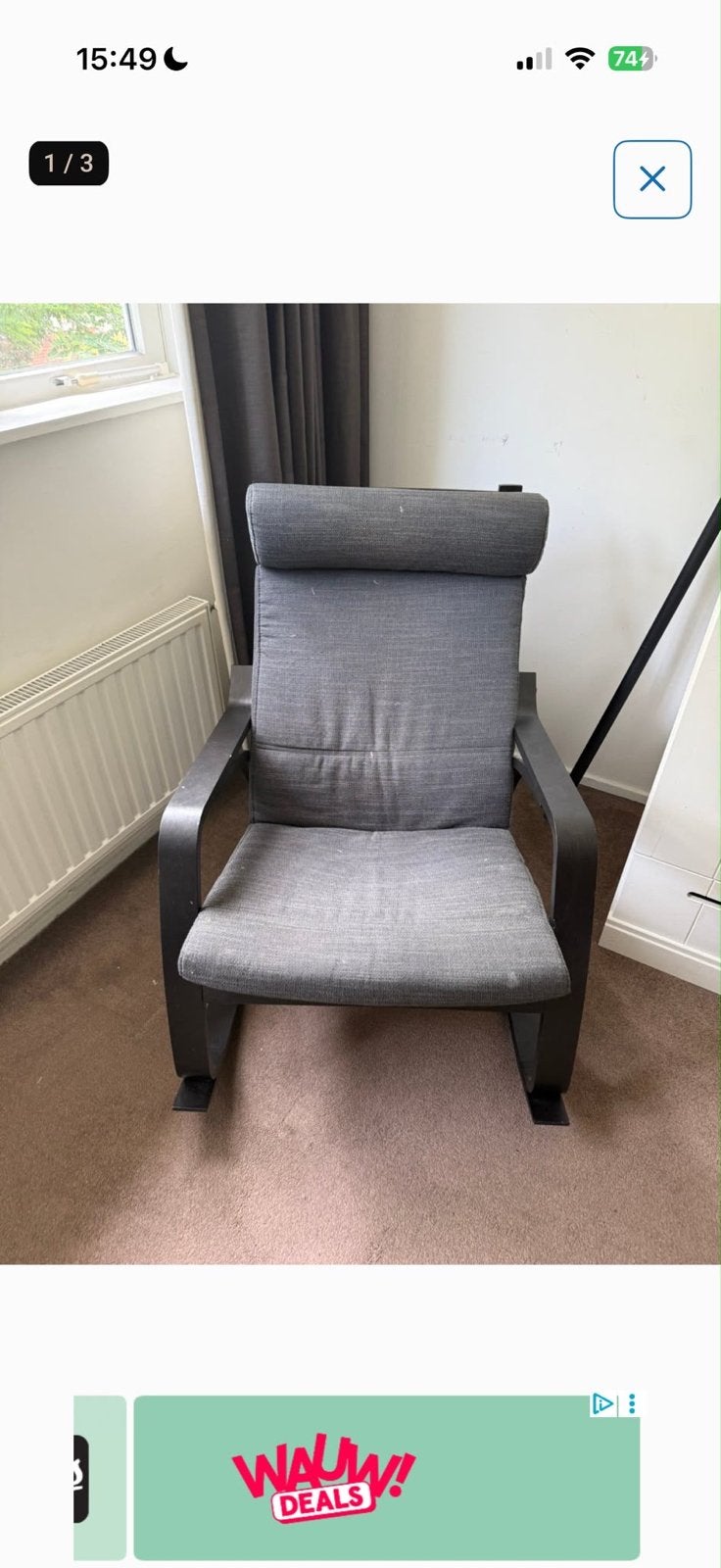 Ikea Poäng fauteuil met grijze kussens, Ophalen of Verzenden, Zo goed als nieuw, Hout, Eén