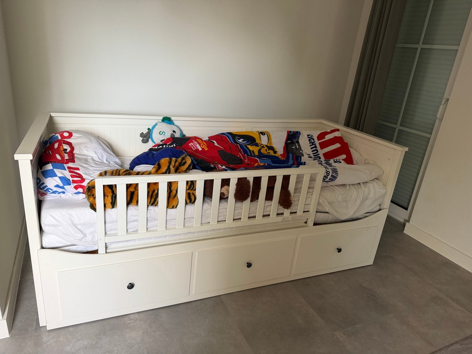 Wit eenpersoonsbed met lade uitschuifbaar 180x200, Ophalen, Gebruikt, 90 cm, Eenpersoons