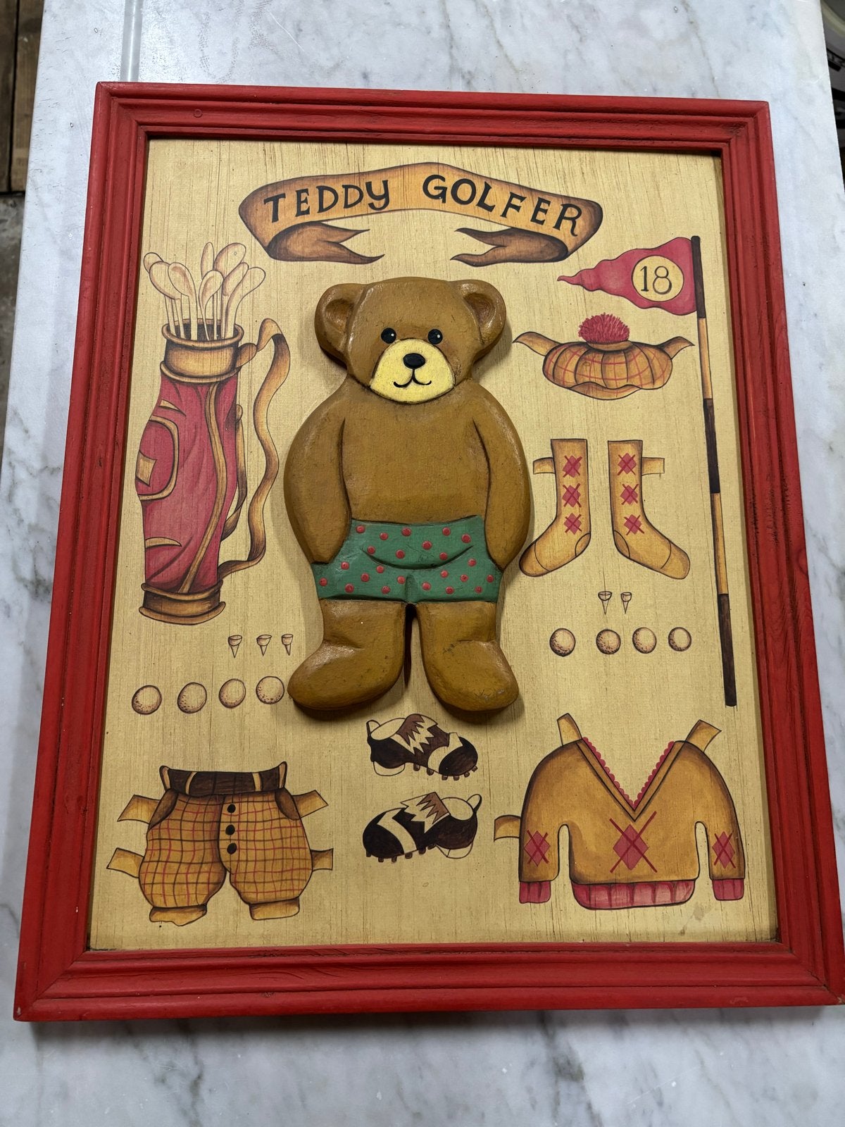 Vintage Houten Teddy Golfer Wanddecoratie, Ophalen, Gebruikt, Meerkleurig, Vintage