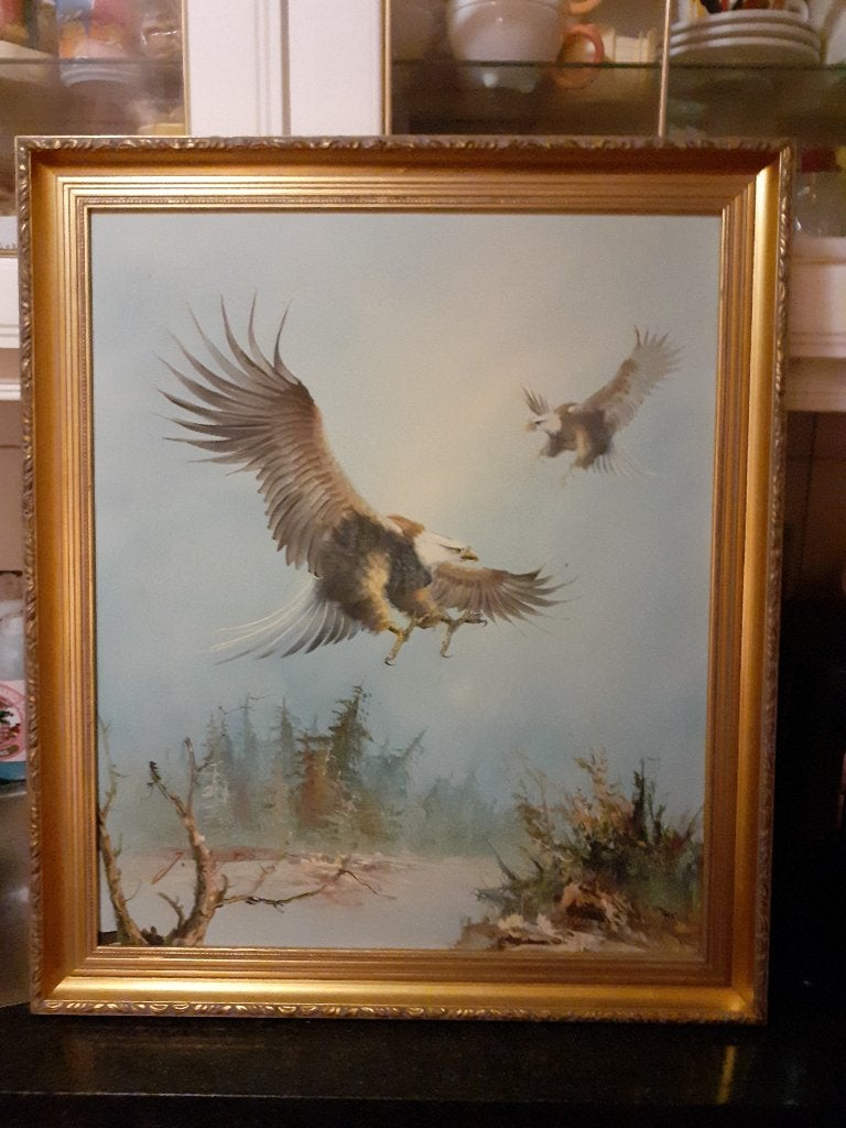 Groot olieverfschilderij van Amerikaanse Zeearenden, Doek, Bijzondere lijst, Dieren, Ophalen of Verzenden