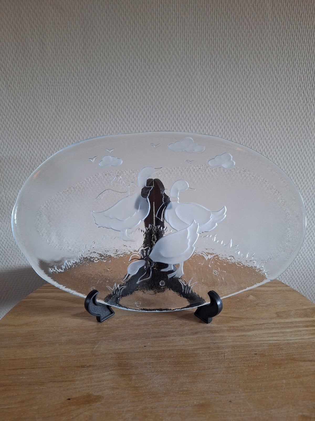 Vintage Cottage style glazen schaal met eenden, 40 cm breed,, Schaal, Ophalen of Verzenden, Ovaal, Glas