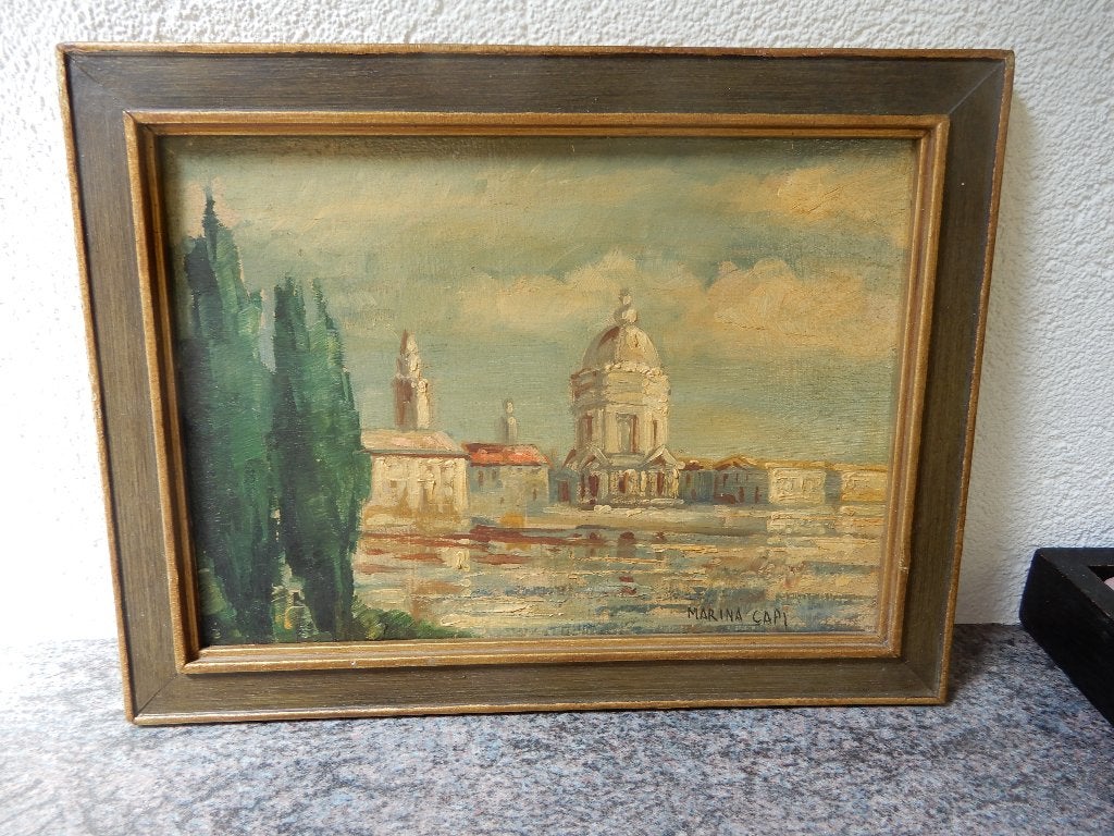schilderijtje op paneel, Italië, gesign. ingelijst, Antiek en Kunst, Ophalen of Verzenden, Olieverf, Stads- / dorpsgezicht, Paneel