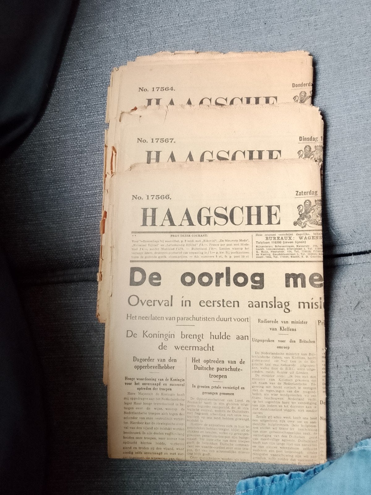Haagsche Courant 1940 - 9, 10 en 14 Mei (3 stuks), Ophalen of Verzenden, Gelezen, Krant