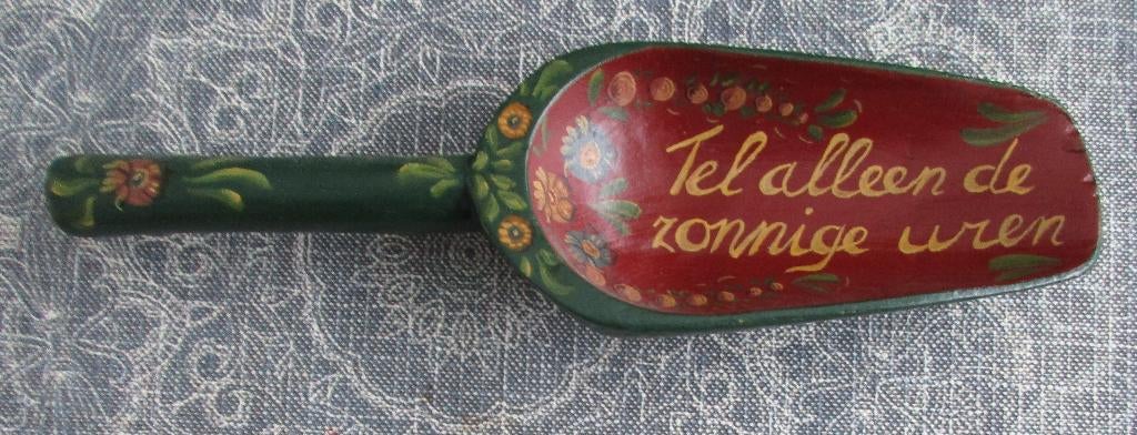 curiosa: vintage houten schepje met tekst, Ophalen of Verzenden