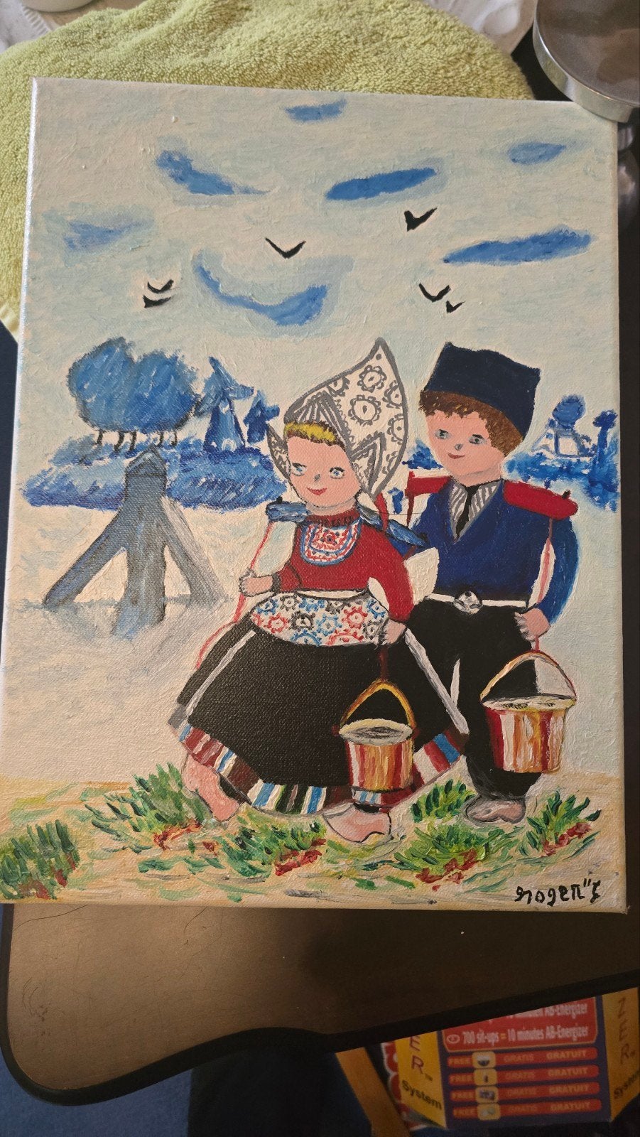 3 handgeschilderde klederdrachtwerkjes op doek, Doek, Portret of Personen, Ophalen of Verzenden, Olieverf