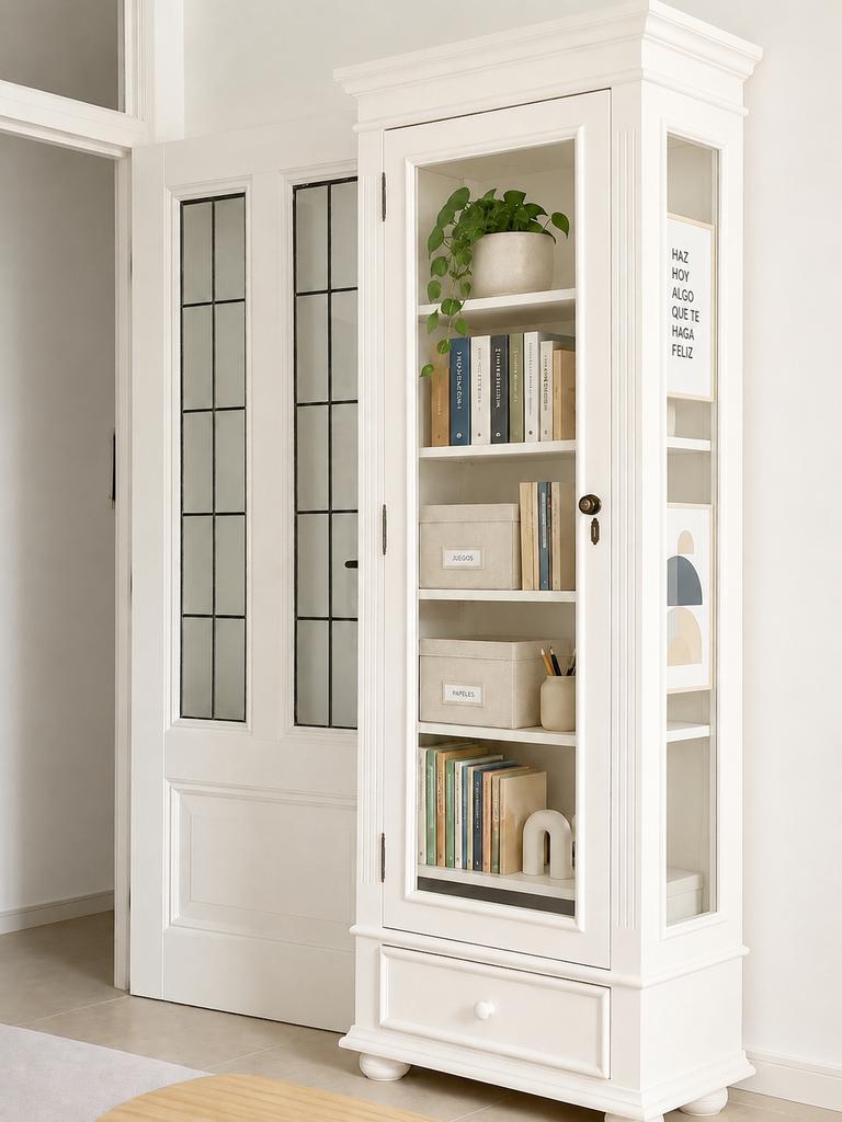 Crèmekleurige Vitrinekast met Lade en Glazen Deur, Ophalen, Gebruikt, 50 tot 100 cm, Met lade(s)