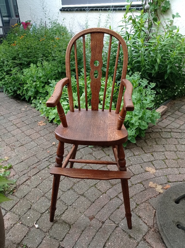 Vintage donker eikenhouten hoge kinderstoel, Ophalen, Gebruikt, Overige typen, Aanschuifbaar