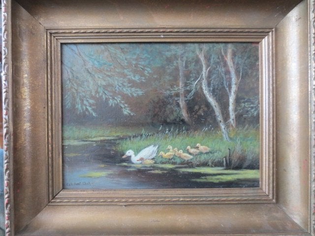 Constant Artz  Eendenfamilie, Paneel, Dieren, Ophalen of Verzenden, Olieverf
