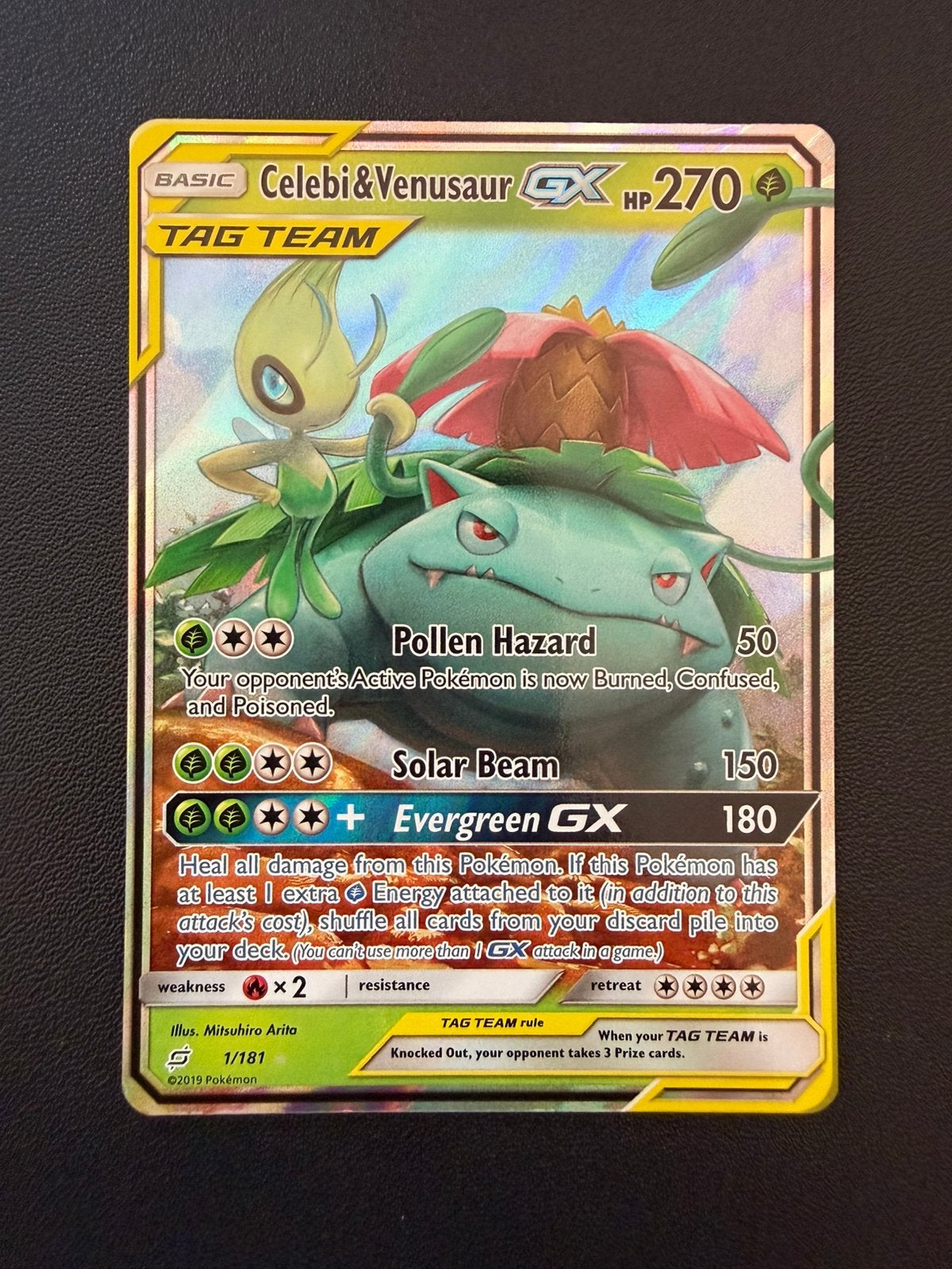 Celebi & Venusaur GX 1/181 Team Up - Pokémon, Ophalen of Verzenden, Zo goed als nieuw, Losse kaart, Foil