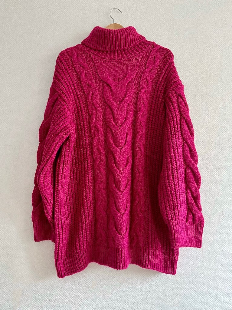 Grof gebreide kabel trui jurk coltrui fuchsia roze - XL / 42, Kleding | Dames, Ophalen of Verzenden, Nieuw, Maat 42/44 (L), Roze
