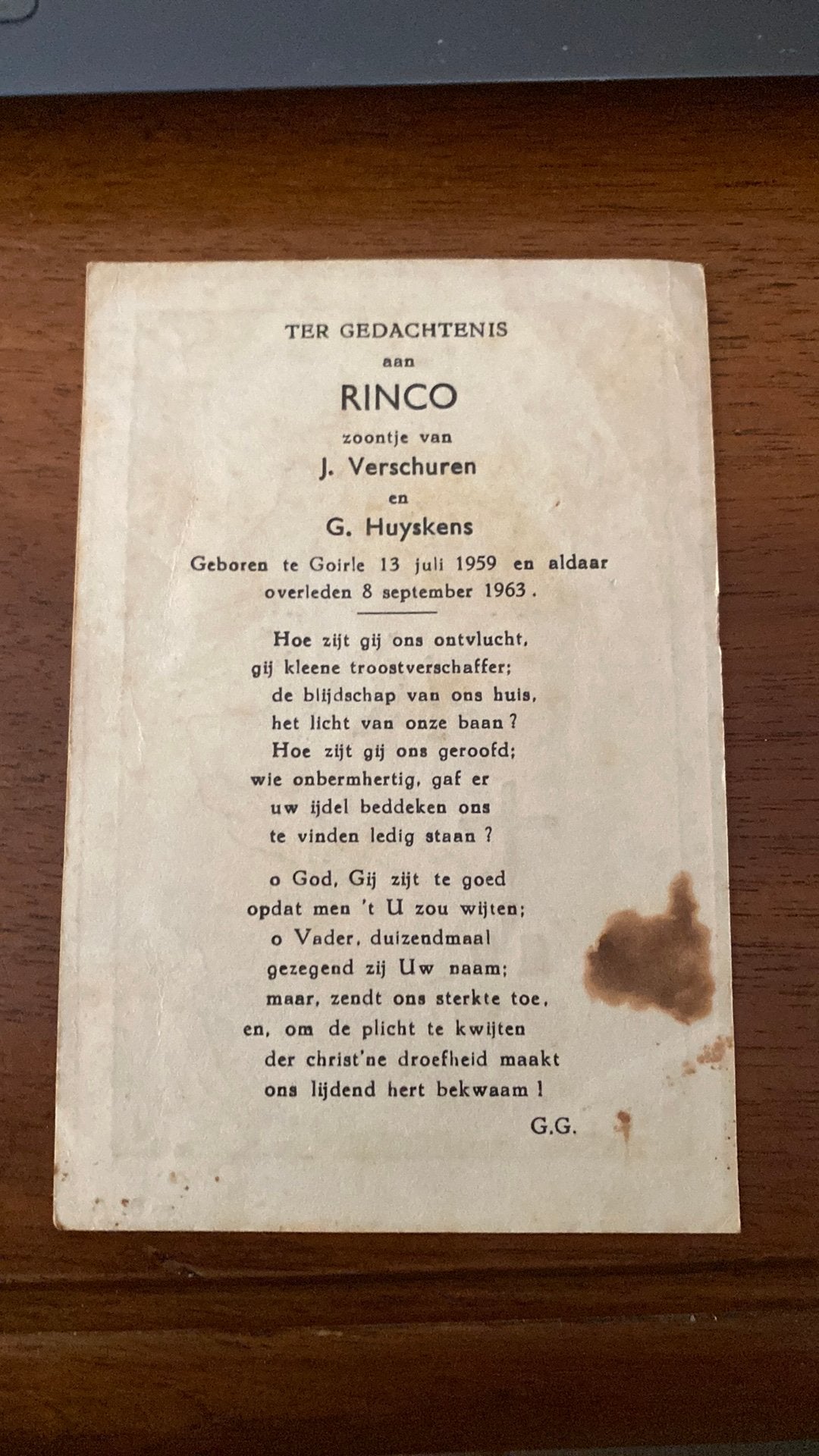 4-jarige Rinco Verschuren (- Huijskens) 1959 Goirle 1963, Ophalen of Verzenden