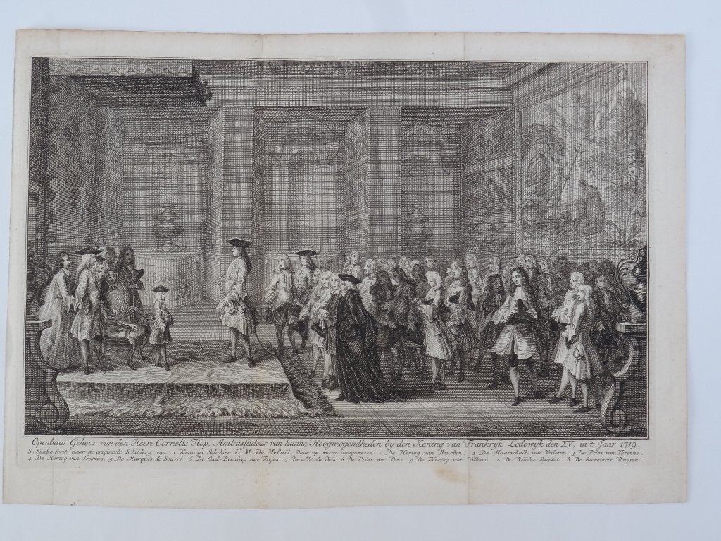 Gravure Openbaar gehoor Cornelis Hop bij Lodewijk XV 1719, Antiek en Kunst, Dagelijks leven, Ophalen of Verzenden, Gravure, Origineel