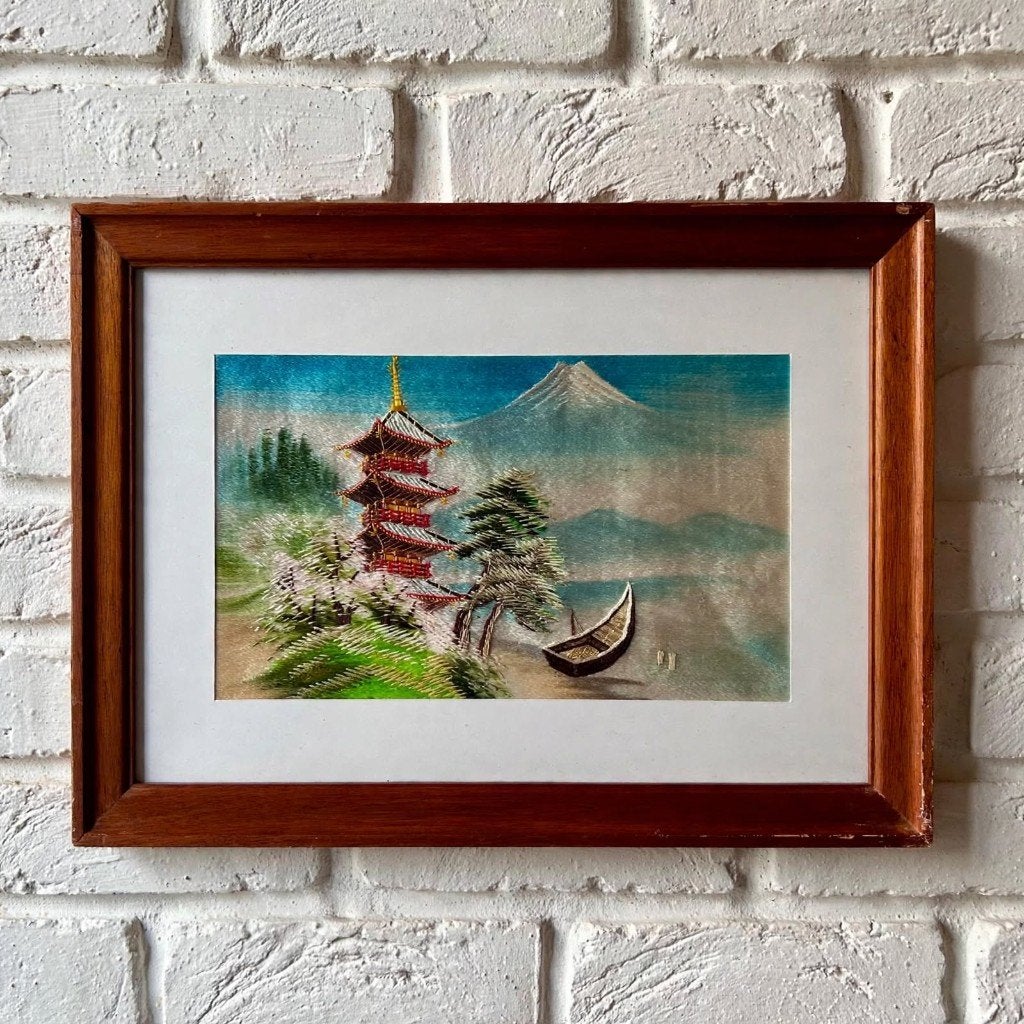 Vintage Boho Wandkunst - Japans Borduurwerk op Zijde - '70, Huis en Inrichting, Gebruikt, Overige typen, Ophalen of Verzenden