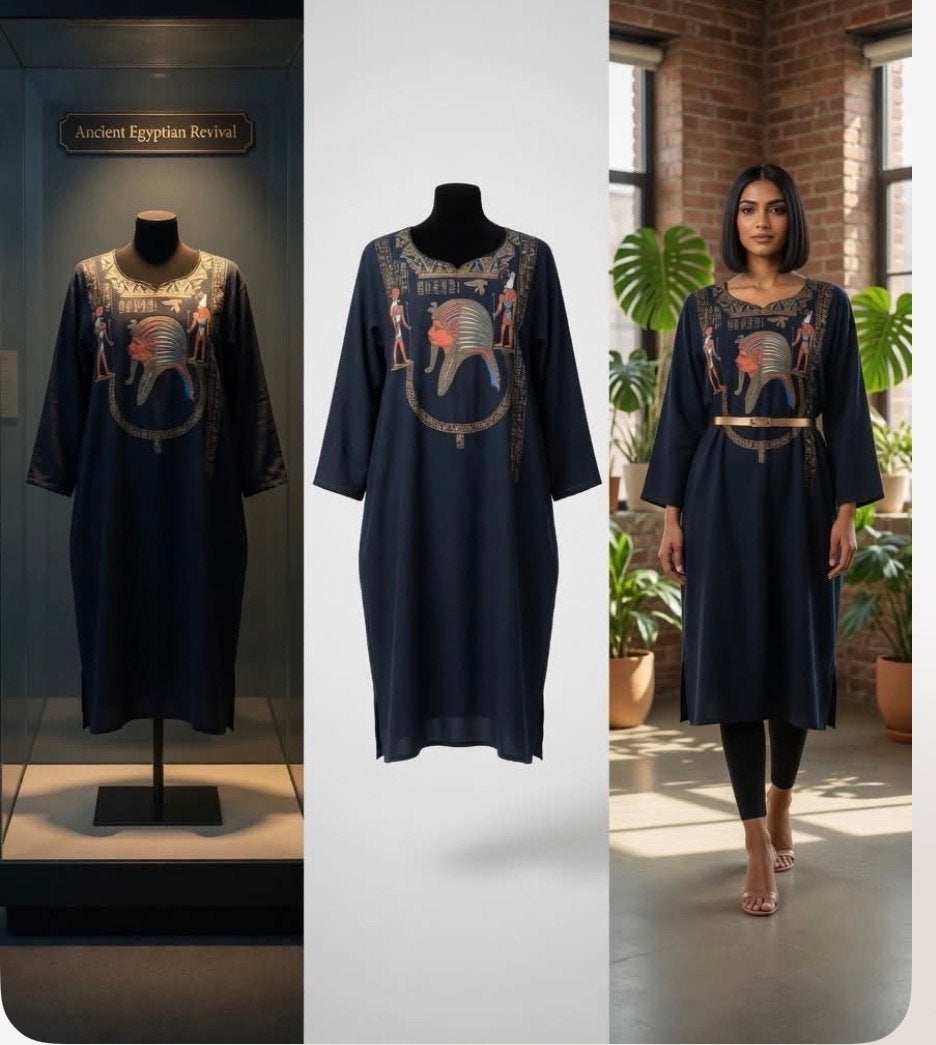 Zwarte jurk met Egyptische print - Maat M/L, Maat 38/40 (M), Zwart, Ophalen of Verzenden, Zo goed als nieuw