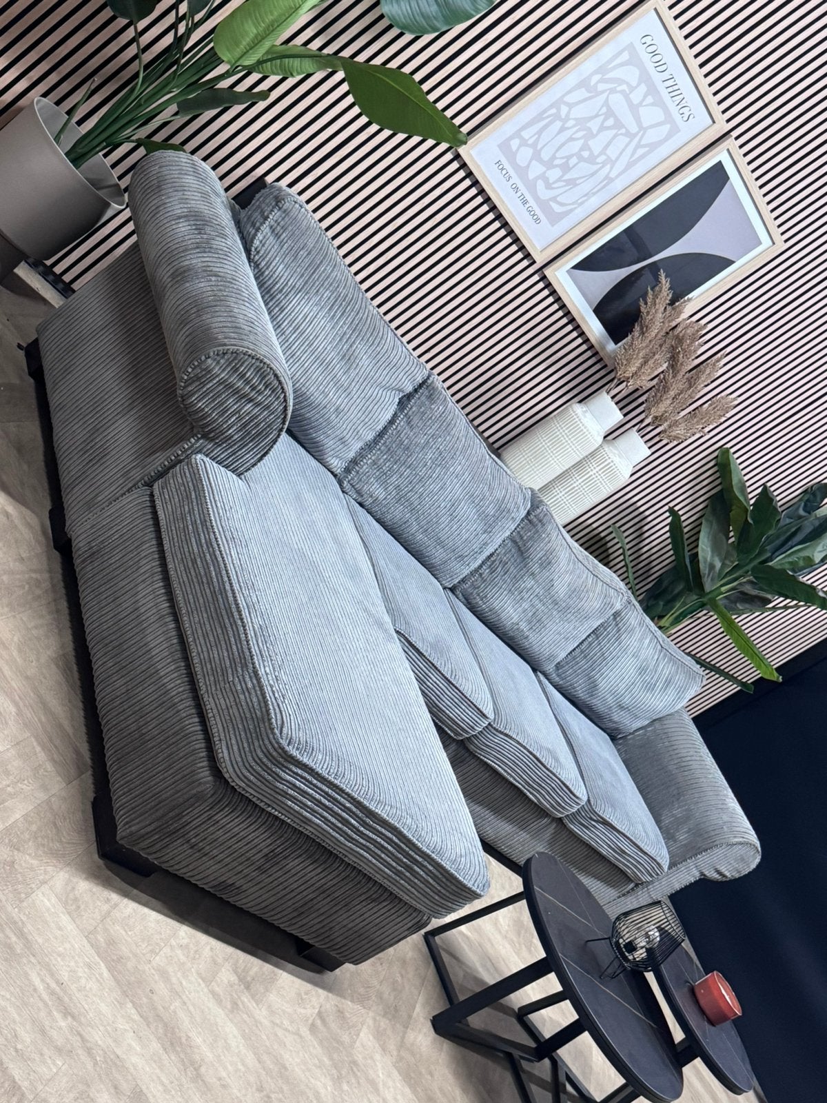 Ribstof Hoekbank - Grijs - 330 x 175, Huis en Inrichting, Banken | Bankstellen, Ophalen, Ribstof hoekbank modern loungebank ribbel ribcord