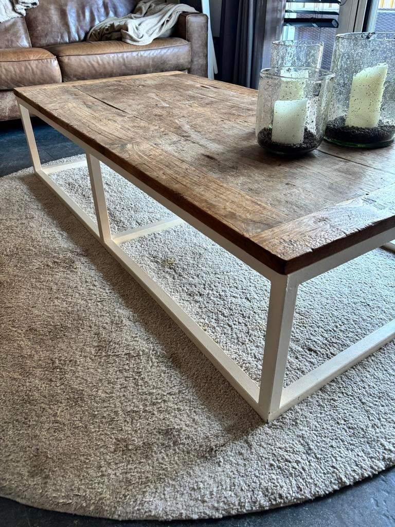 Salon tafel teak blad , staal onderstel, Huis en Inrichting, Tafels | Salontafels, Gebruikt, Minder dan 50 cm, Rechthoekig, 50 tot 100 cm