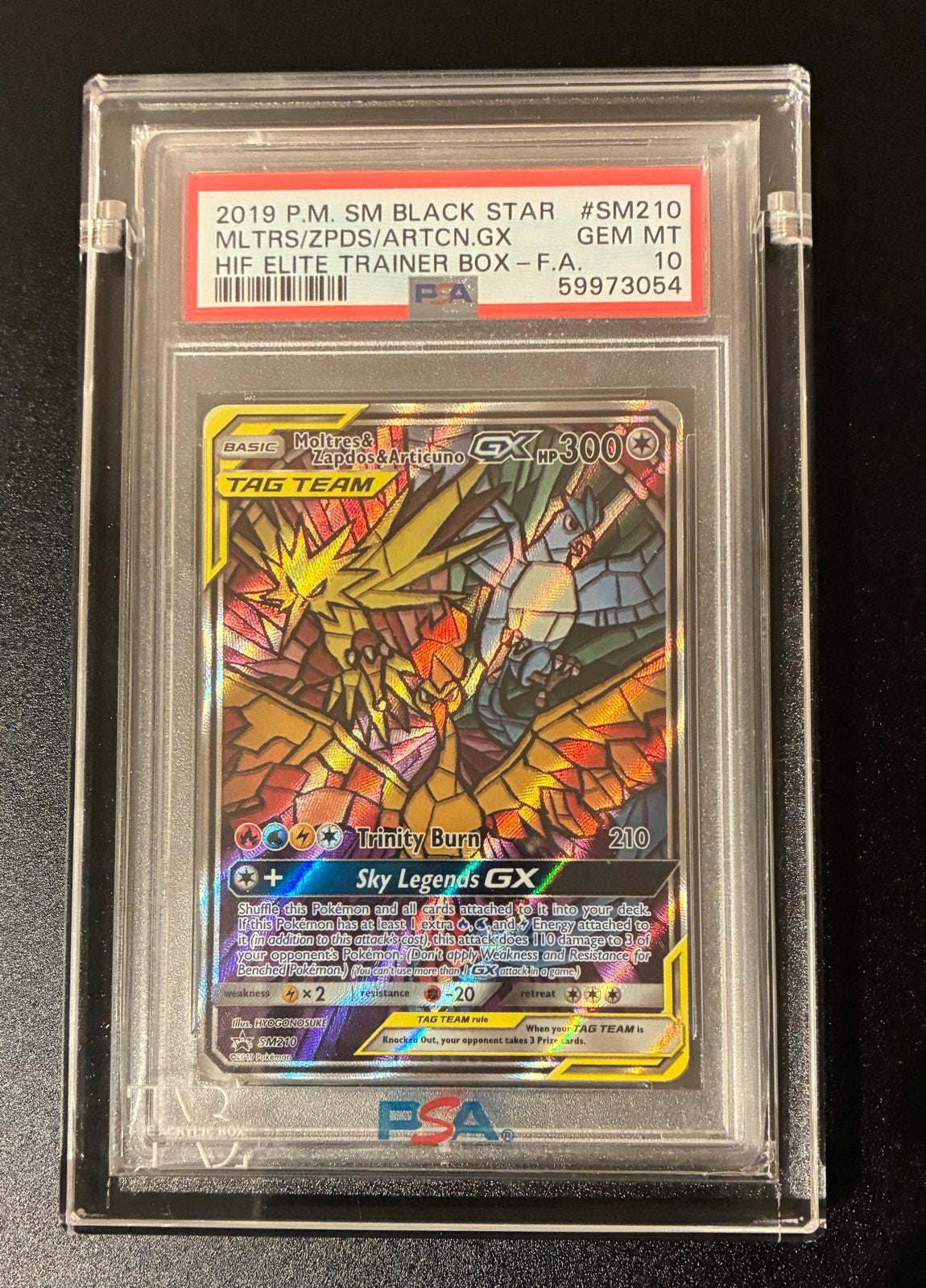 Moltres & Zapdos & Articuno GX SM210 PSA 10 | Inc. Case, Ophalen of Verzenden, Zo goed als nieuw, Losse kaart, Foil
