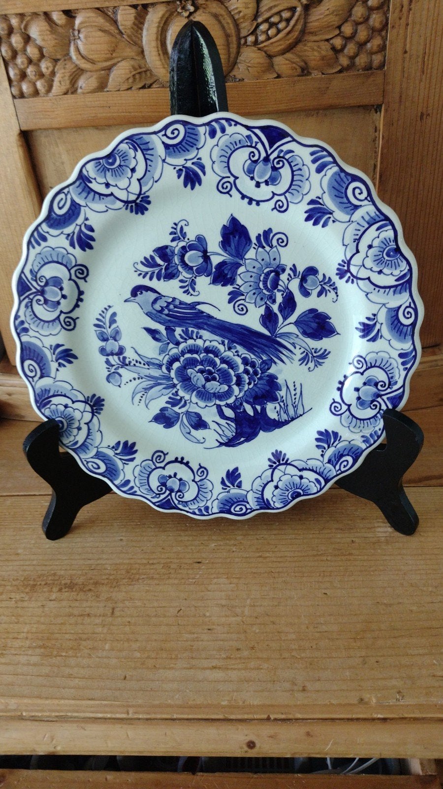 Delftsblauw wandbord met vogel en bloemmotief, 34 cm, Ophalen of Verzenden