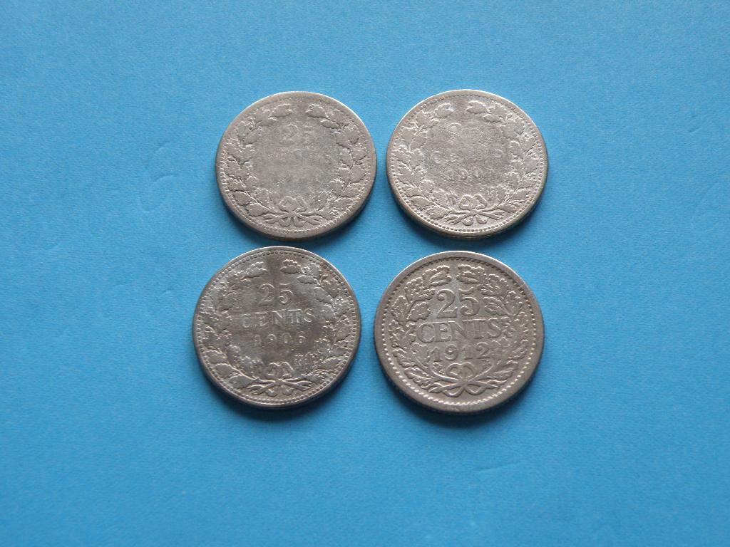 Nederland 4 x 25 cent zilver Wilhelmina, Verzenden, Koningin Wilhelmina, 25 cent, Zilver