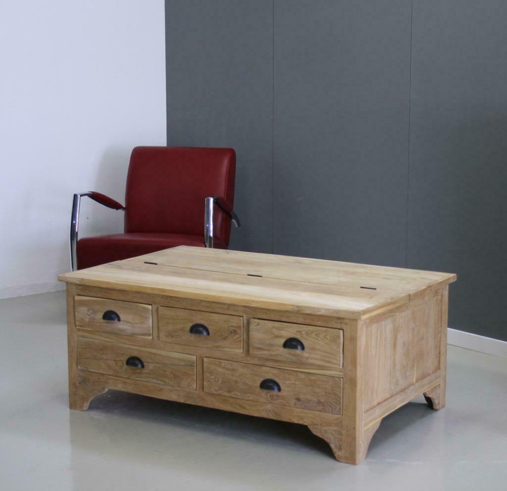 Rechthoekige salontafel met laden en klep; Indoteak, Ophalen, 100 tot 150 cm, Salontafel, Teakhout