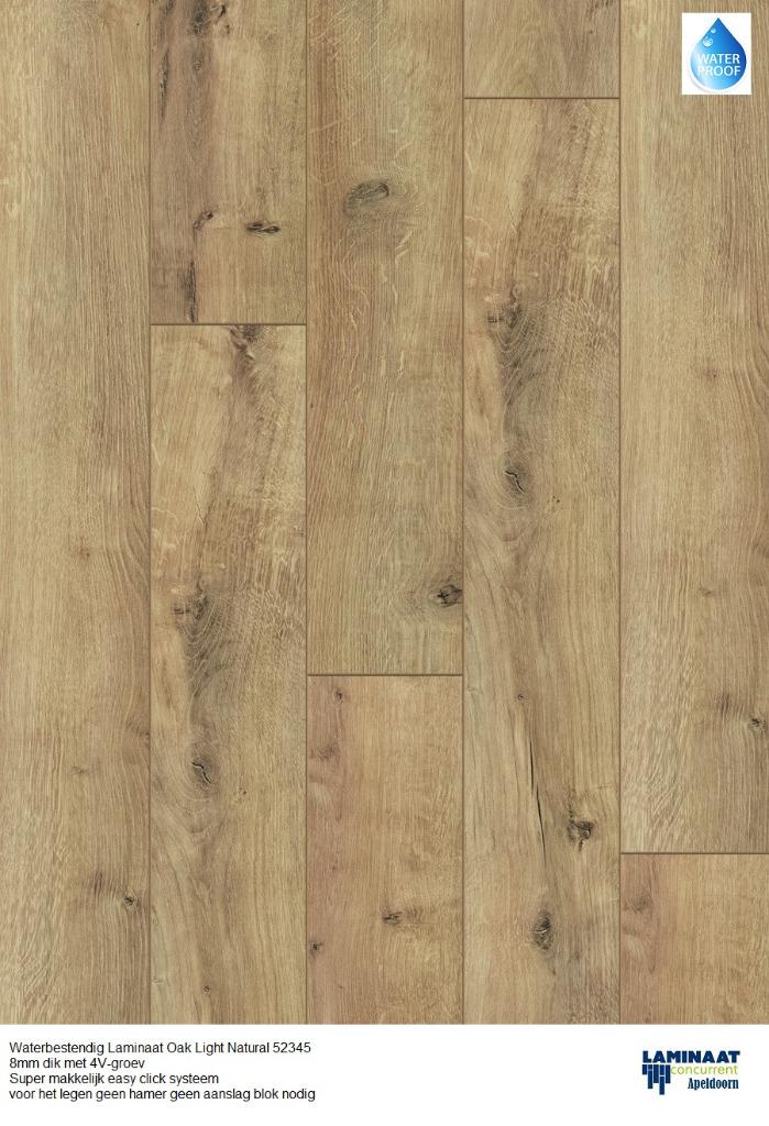 Waterbestendig Laminaat Oak Light Natural 52345 8mm dik 4V, Bruin, 75 m² of meer, Waterbestendig Laminaat, Nieuw