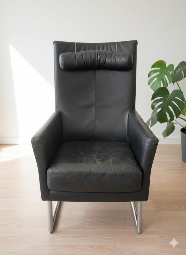 Montis Madonna fauteuil - zwart leer met gebruikssporen, Huis en Inrichting, Ophalen, Gebruikt, Design, 75 tot 100 cm