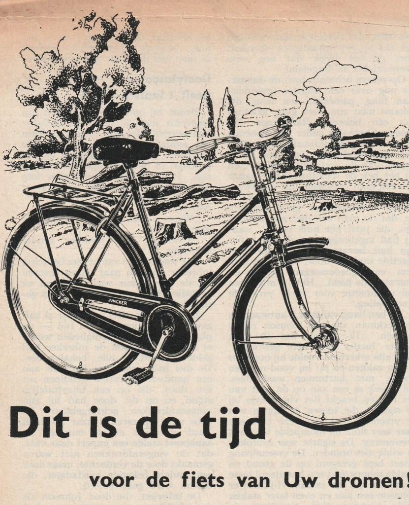 Retro reclame 1954 Juncker fiets Apeldoorn dit is de tijd, Verzamelen, Verzenden, Overige typen