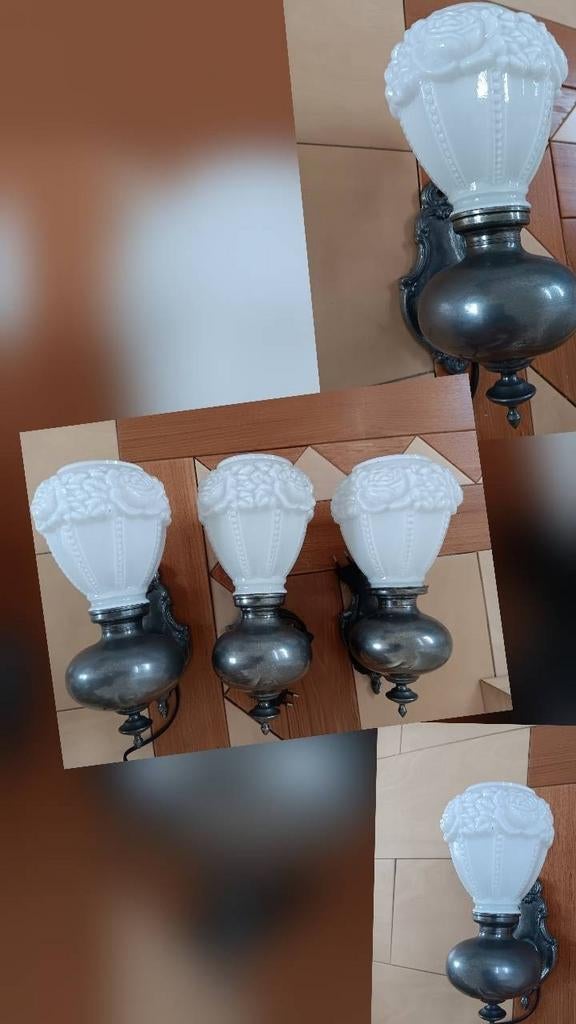 Wandlampen van tin en melkglas, Ophalen of Verzenden, Gebruikt, Glas, Klassiek